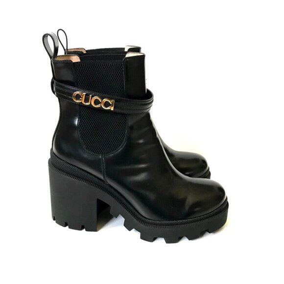 Gucci Trip Ankle Logo Plaque Boots Womens 41.5 11.5 Black Leather Chelsea Combat - Picture 5 of 15